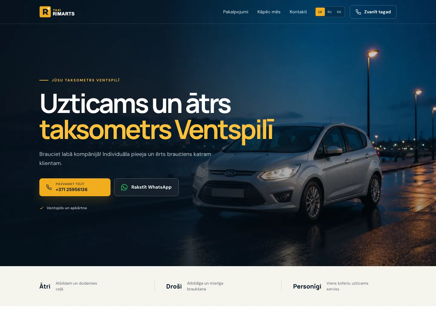 Taxi Rimarts vietnes sākumlapa ar taksometru naktī Ventspilī